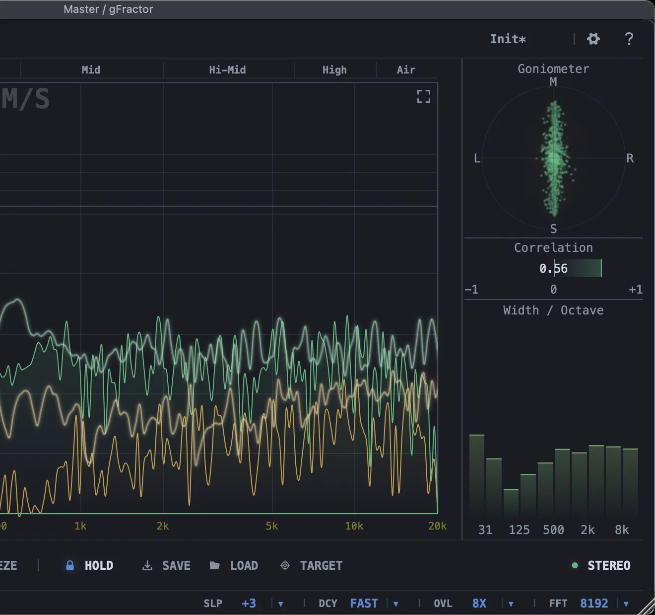 gFractor stereo analysis with goniometer and width per octave